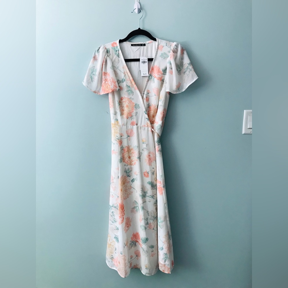 Abercrombie & Fitch White Midi Wrap Dress with Coral and Sage Floral Print